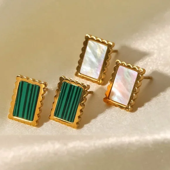 Green Malachite Rectangle 18K Gold Plated Stud Earrings - Picture 6 of 7